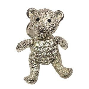 Vintage Napier Clear Rhinestone Tummy Silver Tone Articulated Teddy Bear  Brooch